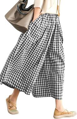 Women's Loose plaid Cotton Crop Pants Elastic Waist Wide Leg Palazzo Trousers
